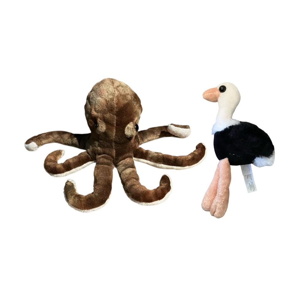 Wild Republic Brown Octopus and Black Ostrich Petting Zoo Plush Set of 2